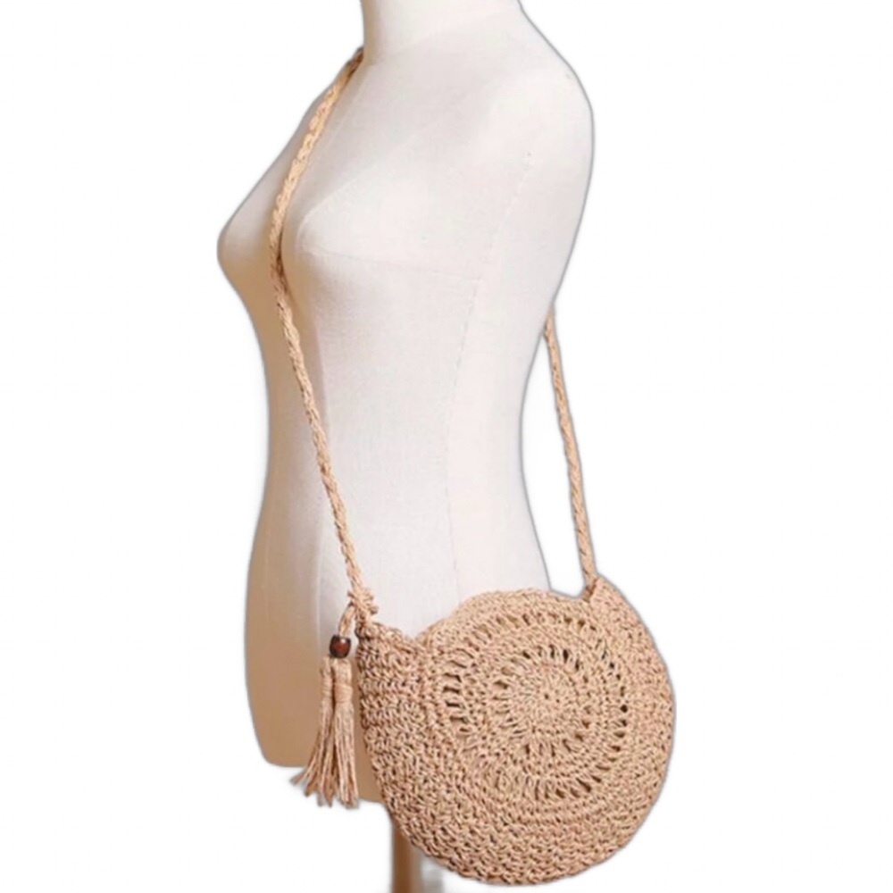 Handmade Woven Round Straw Boho Tassel Decor Small Crossbody Bag